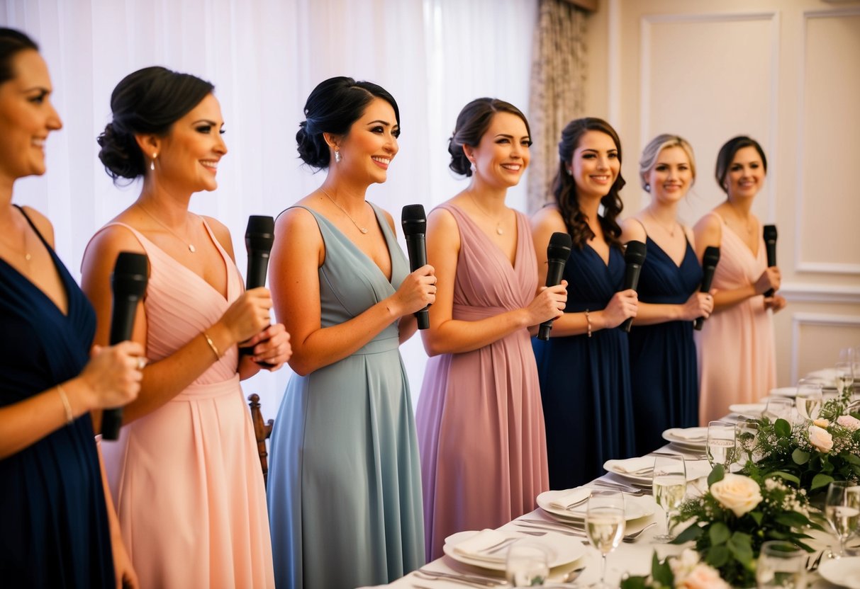 Bridesmaids stand in a line, holding microphones, facing a table set for a dinner. They smile and gesture as they speak