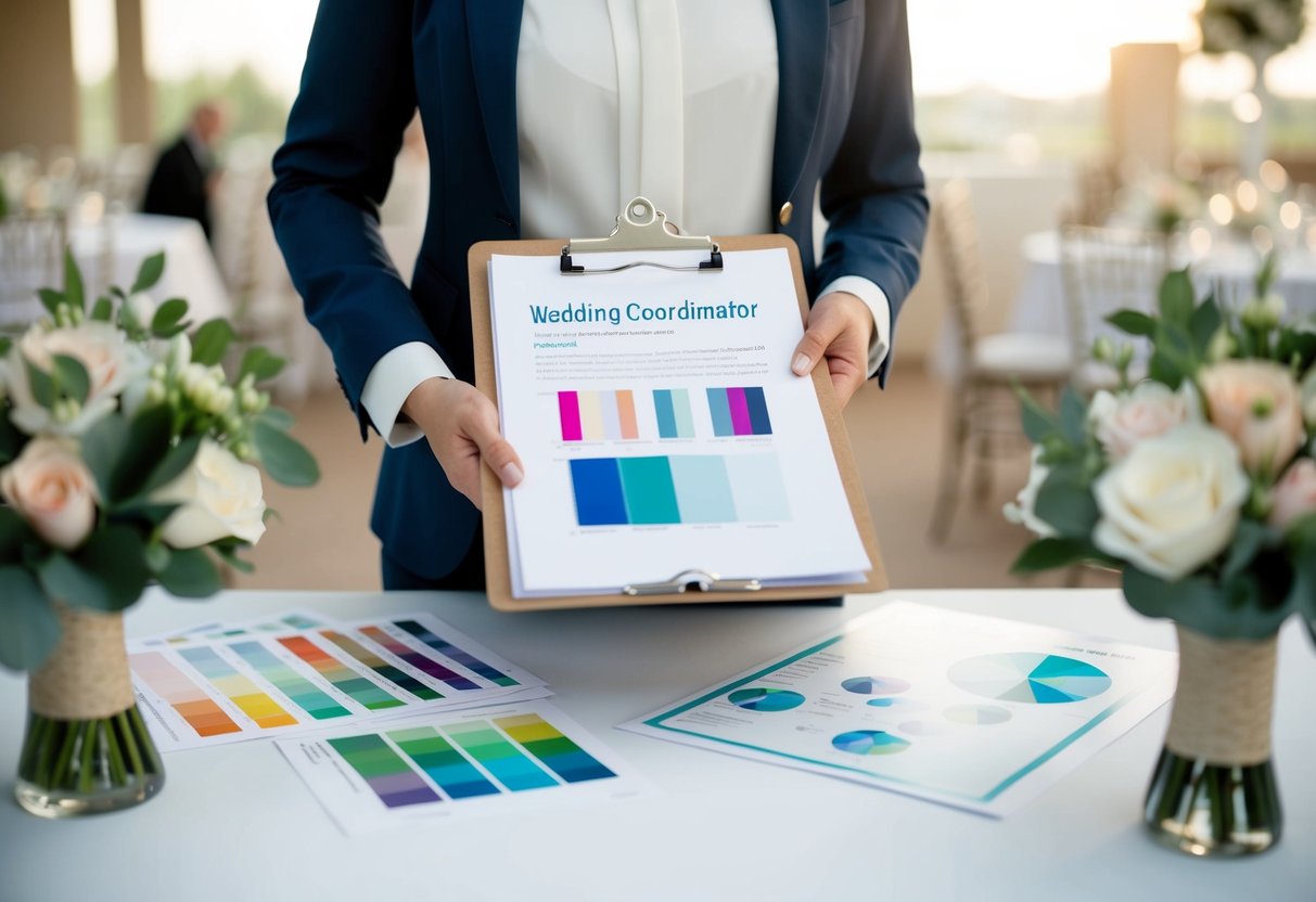 A wedding coordinator holding a clipboard, surrounded by color swatches, floral arrangements, and venue floor plans