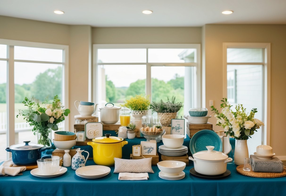 A table with a variety of household items, such as kitchenware, bedding, and decor, displayed for a wedding registry