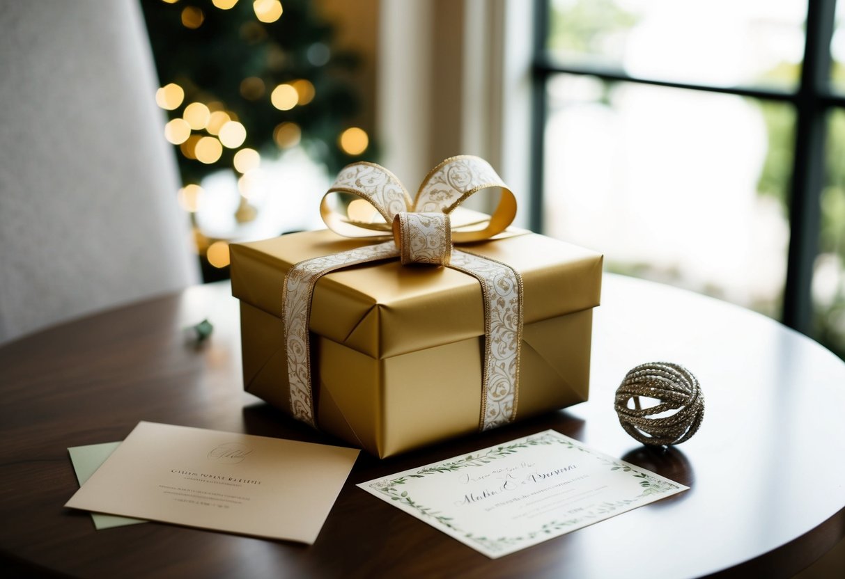 A beautifully wrapped gift box with a decorative bow sits on a table next to a wedding invitation