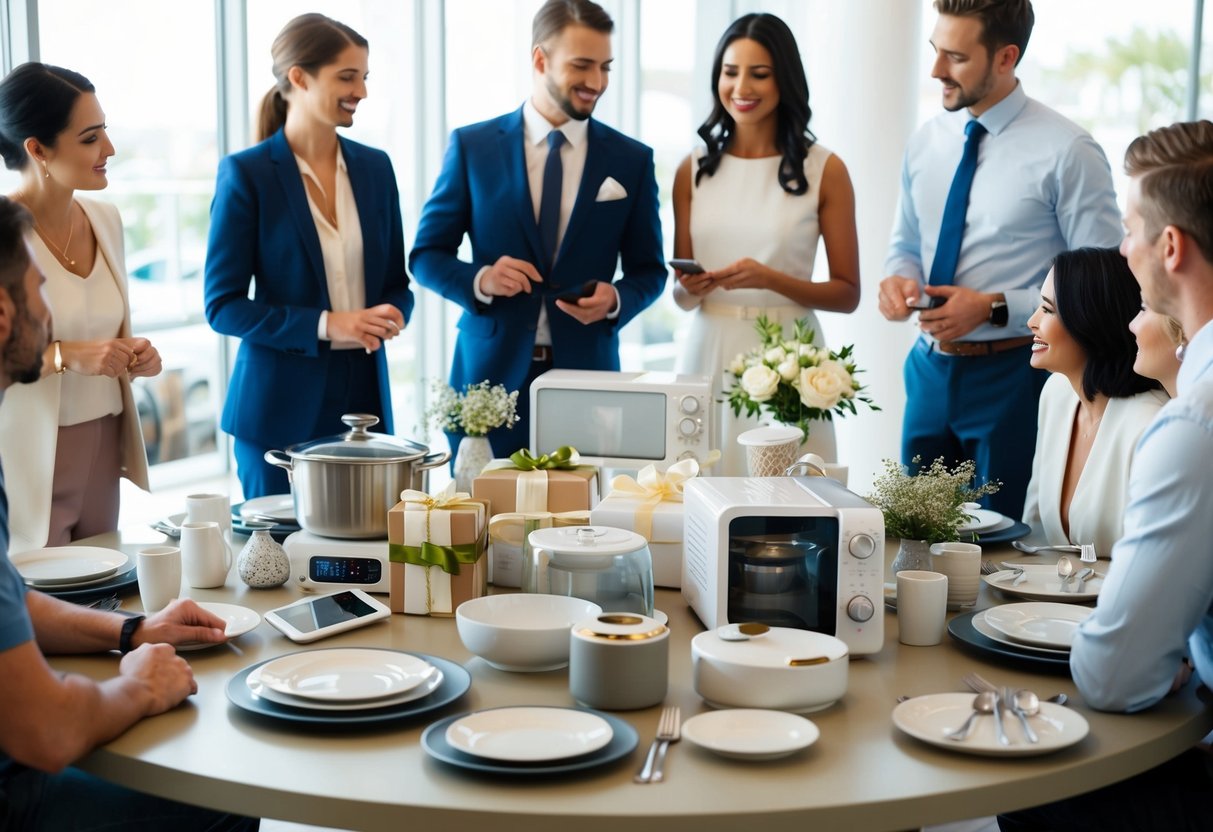 A table with various wedding registry gifts, including kitchenware, home decor, and electronics, surrounded by a group of people discussing and comparing options
