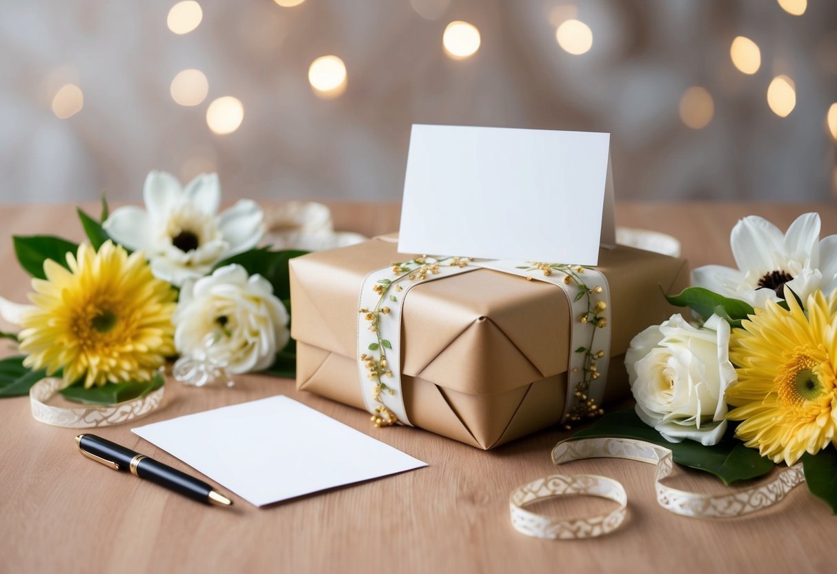 A beautifully wrapped wedding gift with a blank card and a pen next to it, surrounded by flowers and decorative ribbons