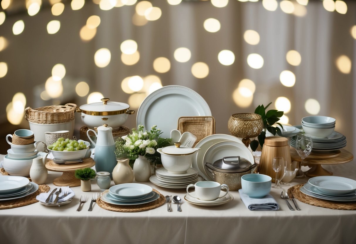 A table filled with various household items, from kitchenware to linens, and decorative pieces, displayed as potential options for a wedding registry