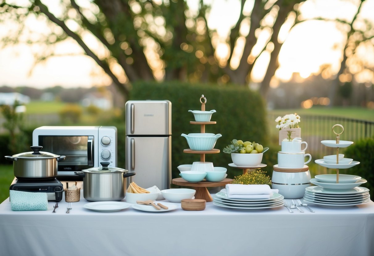 A table with various household items, such as kitchen appliances, bedding, and dinnerware, displayed for a wedding registry