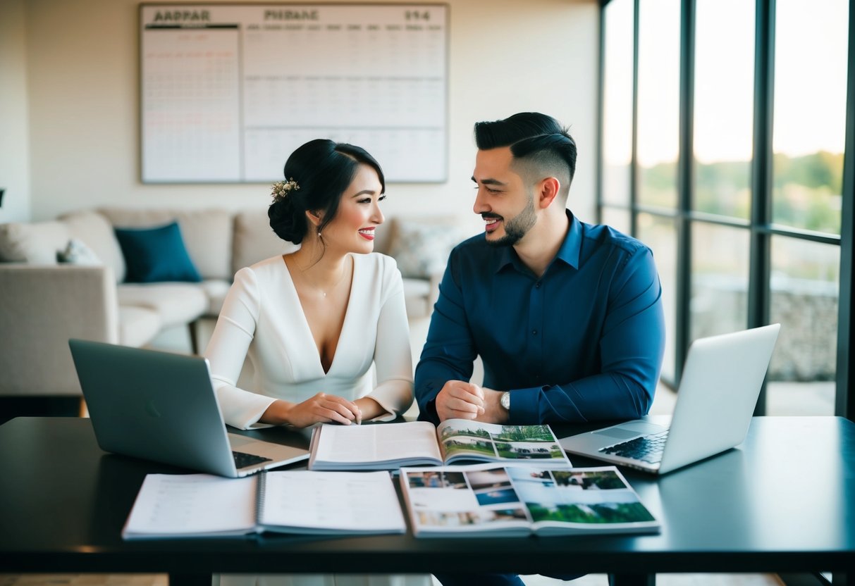 A couple sits at a table with a calendar, wedding magazines, and a laptop, discussing plans and ideas for their upcoming wedding