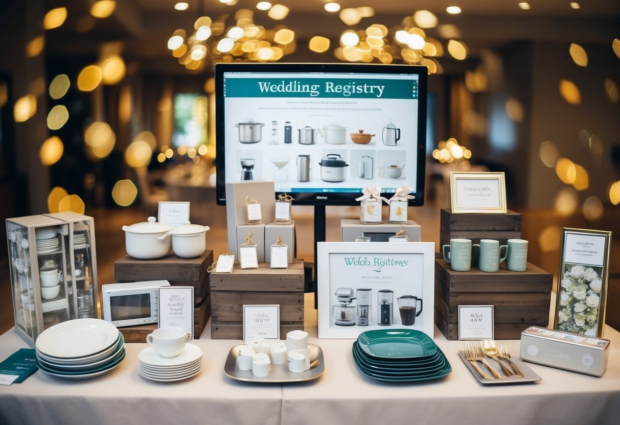 A wedding registry display with a variety of gift options for guests to choose from, including kitchenware, home decor, and electronics
