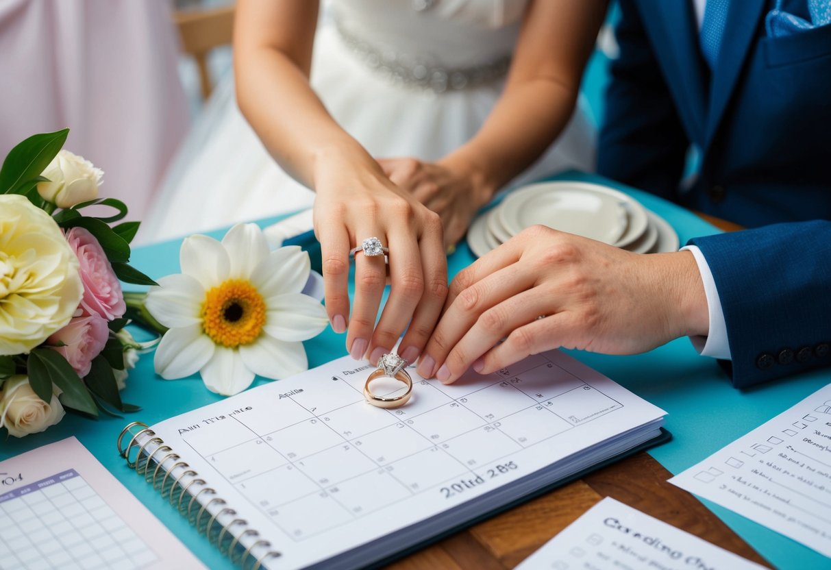 A couple's hands placing a ring on a calendar, surrounded by wedding planning materials like invitations, flowers, and a checklist