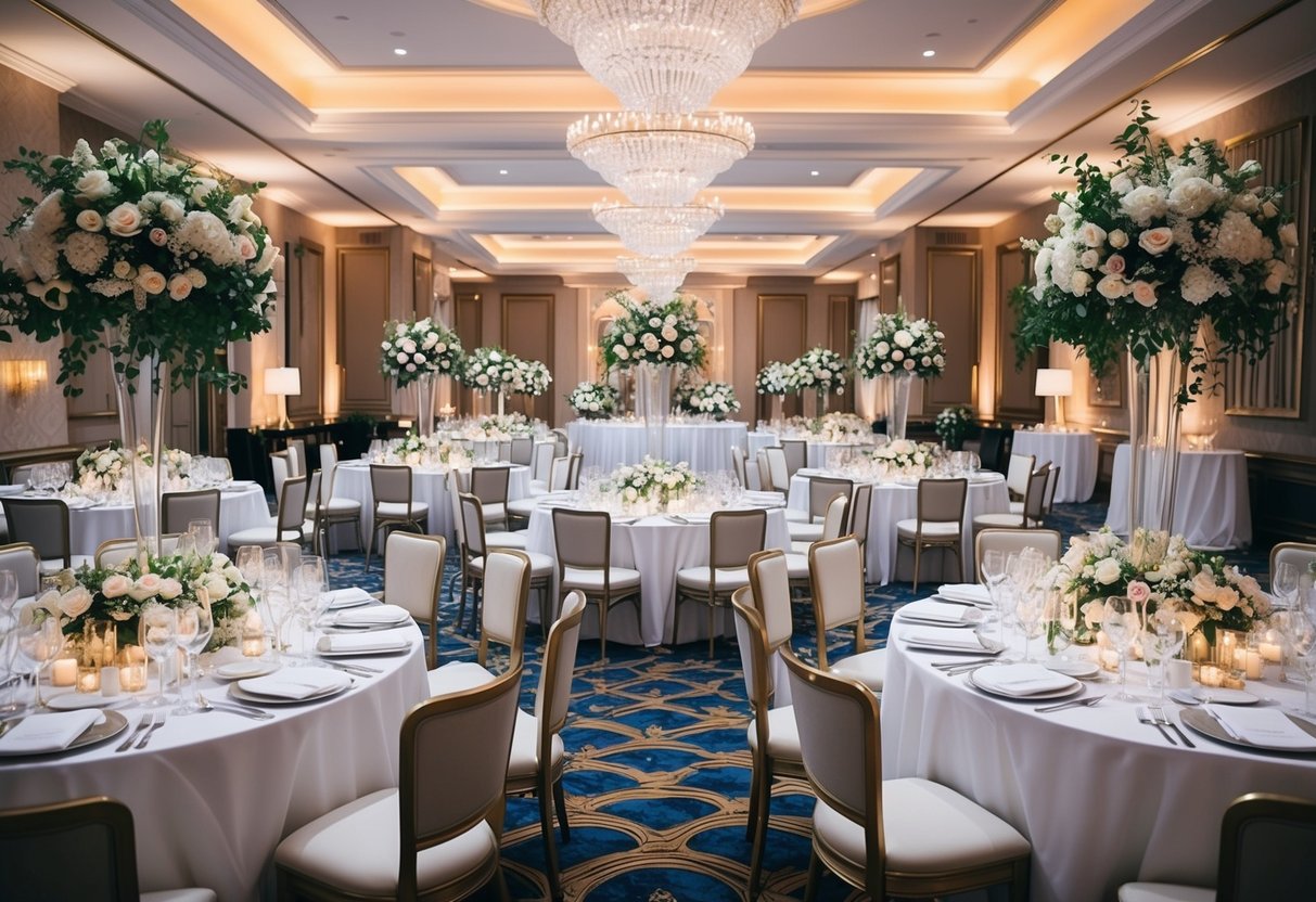 A lavish wedding venue in the UK with elegant decor, floral arrangements, and a grand banquet set up