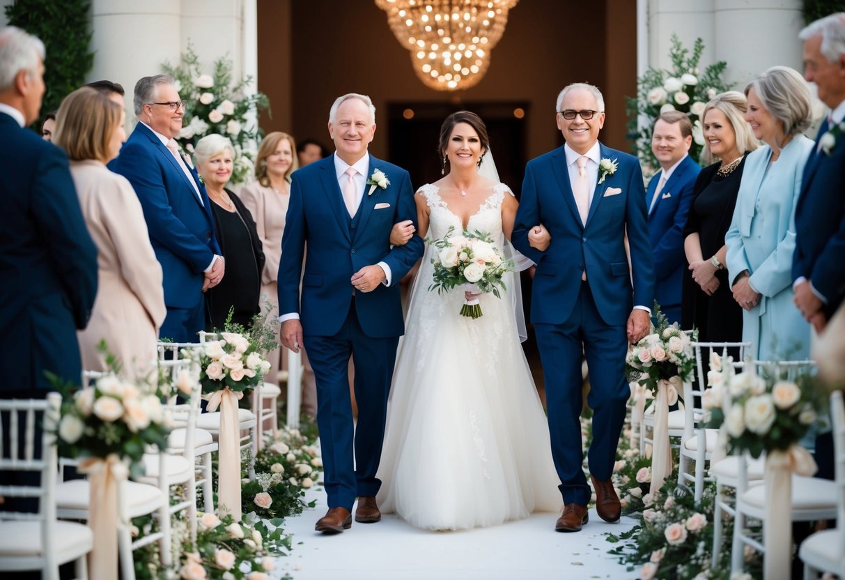 The groom's parents walk down the aisle, surrounded by elegant floral decorations and soft lighting