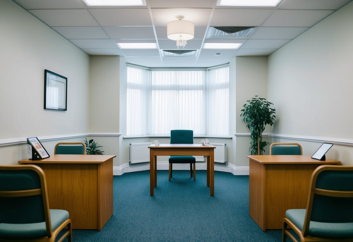 A simple registry office with a desk, chairs, and a small ceremony area