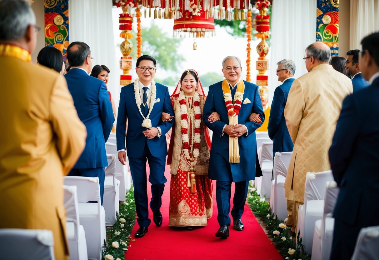 The groom's parents walk down the aisle, accompanied by traditional cultural and religious symbols and decorations