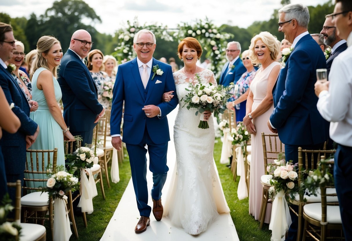 The groom's parents walk down the aisle, adorned with flowers and surrounded by joyful wedding guests