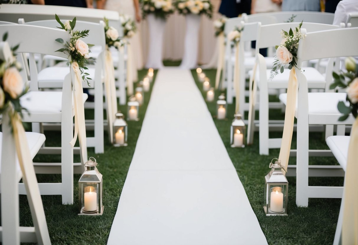 A wedding aisle adorned with simple, yet elegant decorations made from inexpensive materials like paper, ribbon, and flowers