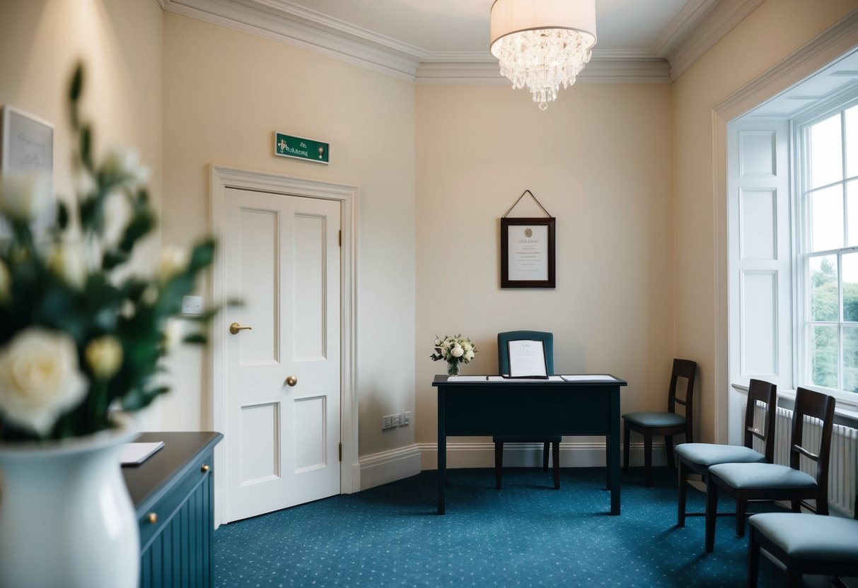 A simple, elegant registry office with a small, tastefully decorated room for ceremonies. A desk with a registrar's book and a few chairs for guests