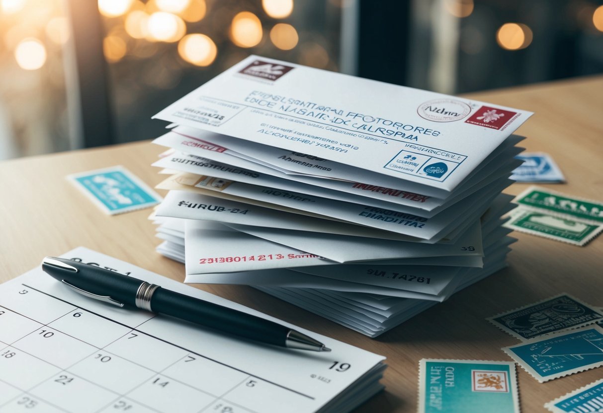 A stack of envelopes with various addresses and stamps, surrounded by a calendar and a pen