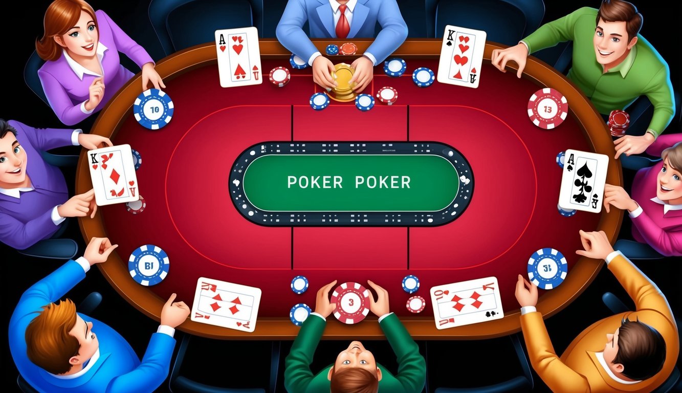 Sebuah meja poker berwarna-warni dengan chip dan kartu, dikelilingi oleh pemain yang bersemangat di situs poker online