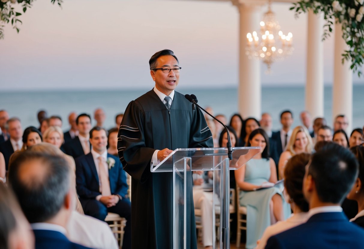 An officiant standing at a podium, speaking confidently to a gathered audience, with a serene and elegant backdrop