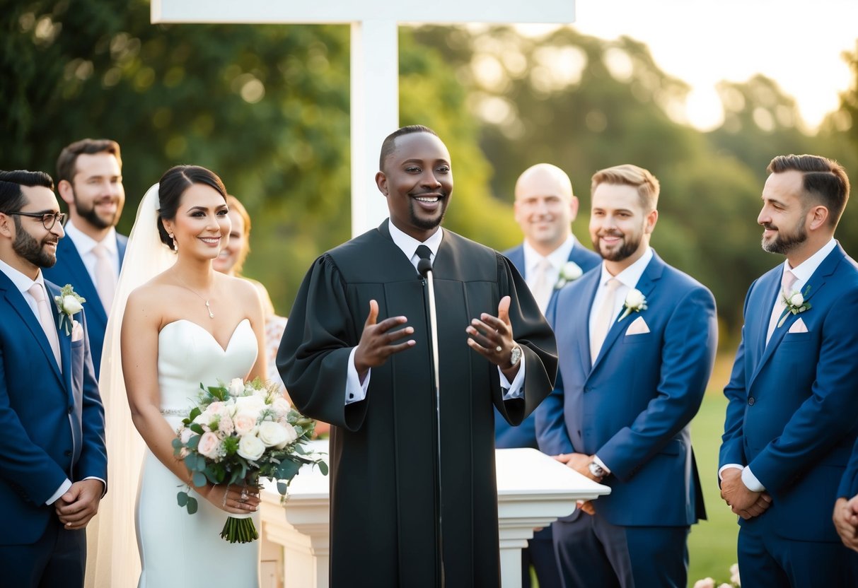 A wedding officiant standing at the altar, speaking confidently with a warm smile, surrounded by the bride, groom, and guests