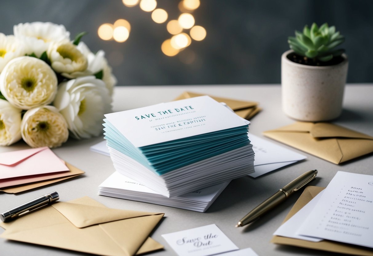 A stack of elegant save the date cards surrounded by a variety of envelopes, with a pen and guest list nearby