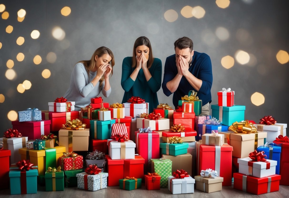 A crowded table covered in overflowing gift boxes and piles of presents, with a stressed couple trying to find space for more items
