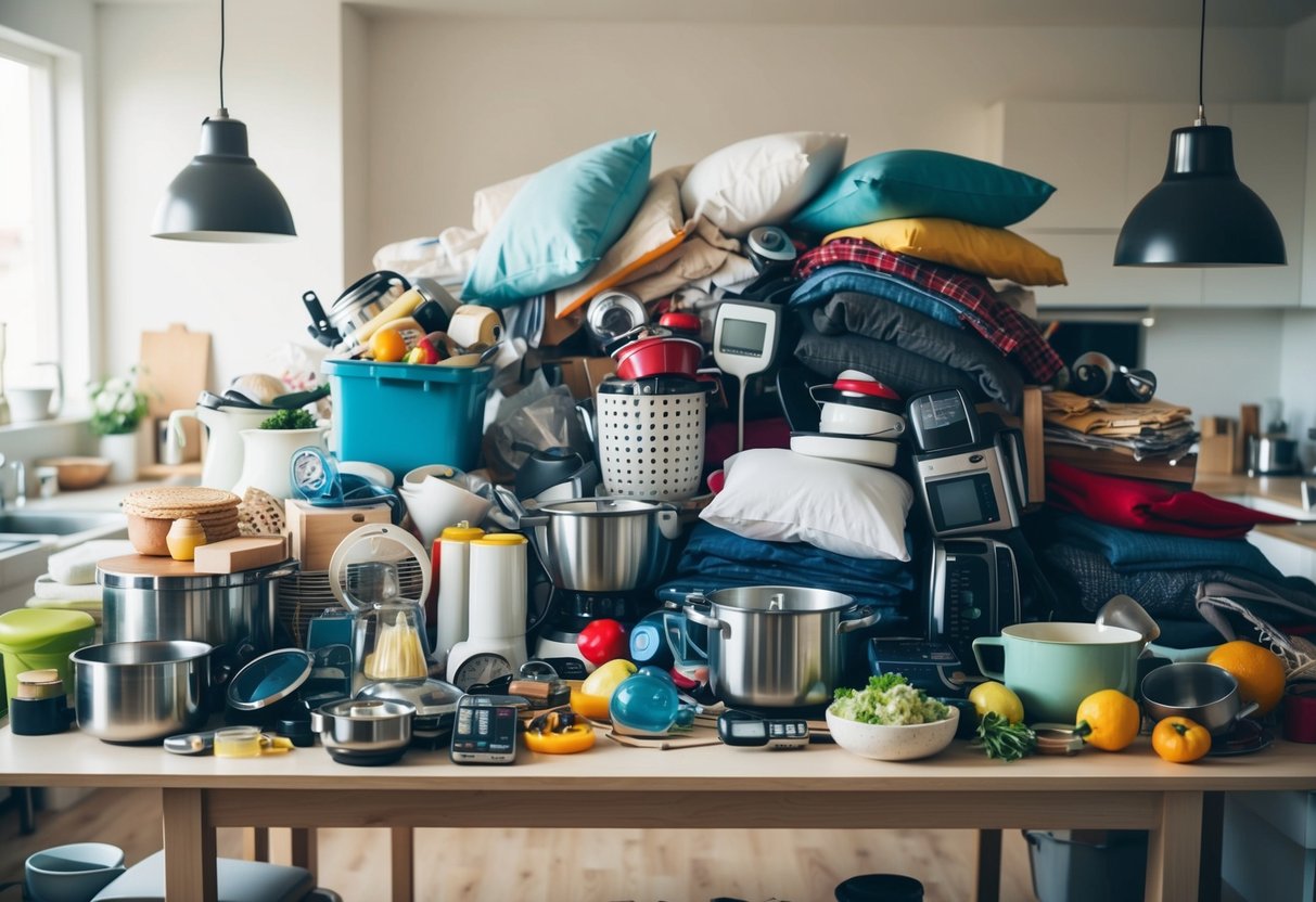 A table overflowing with various household items, from kitchen gadgets to bedding, all piled high in disarray