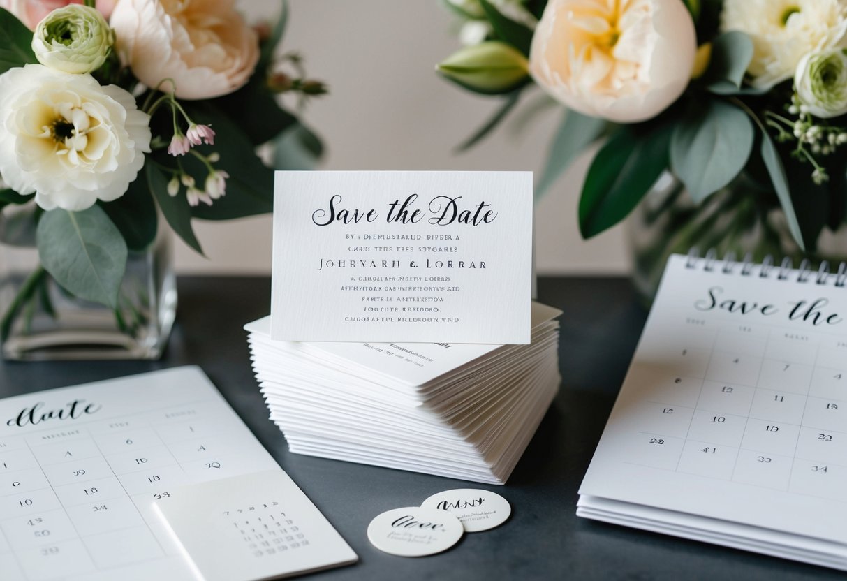 A stack of elegant save the date cards with wedding details on a table, surrounded by floral arrangements and a calendar