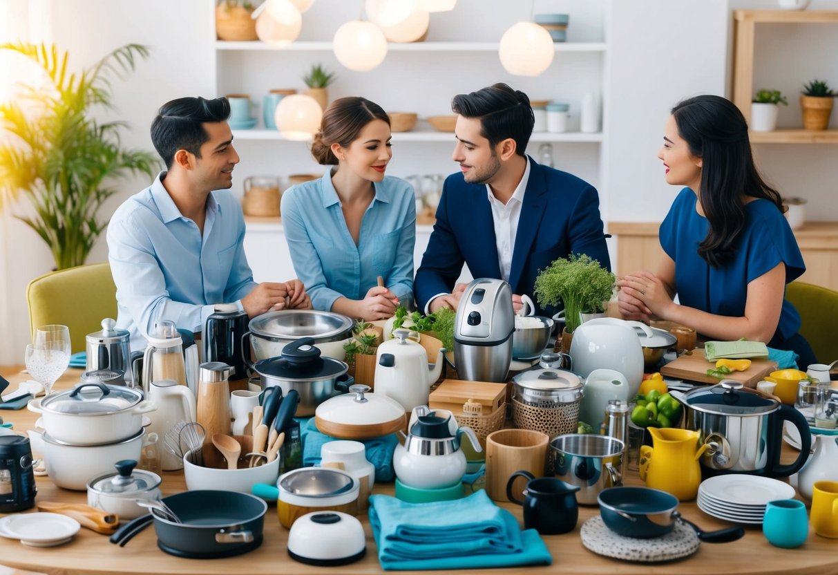 A table overflowing with various household items, from kitchen gadgets to linens, surrounded by a couple deep in discussion over what to add to their registry