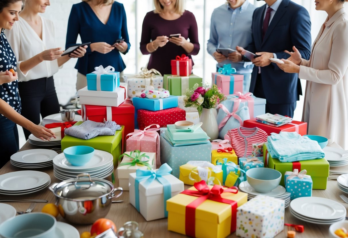 A table overflowing with gifts, from kitchenware to baby clothes, surrounded by friends and family discussing registry etiquette