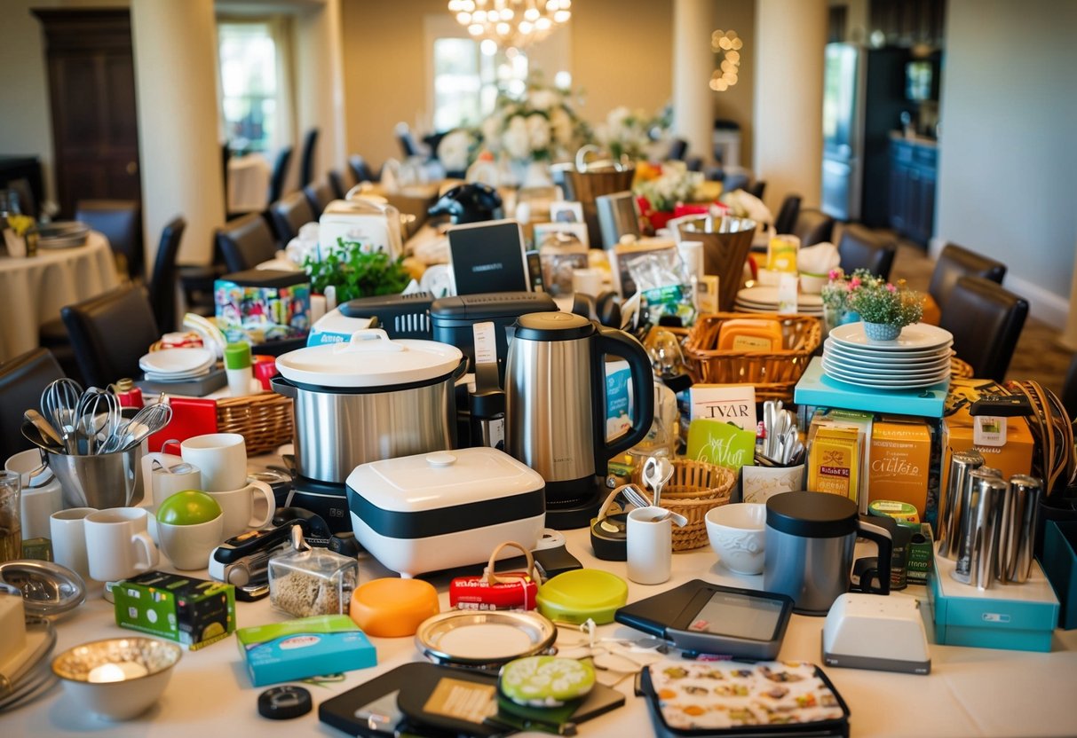 A table overflowing with various registry items, from kitchen gadgets to home decor, creating a cluttered and overwhelming display