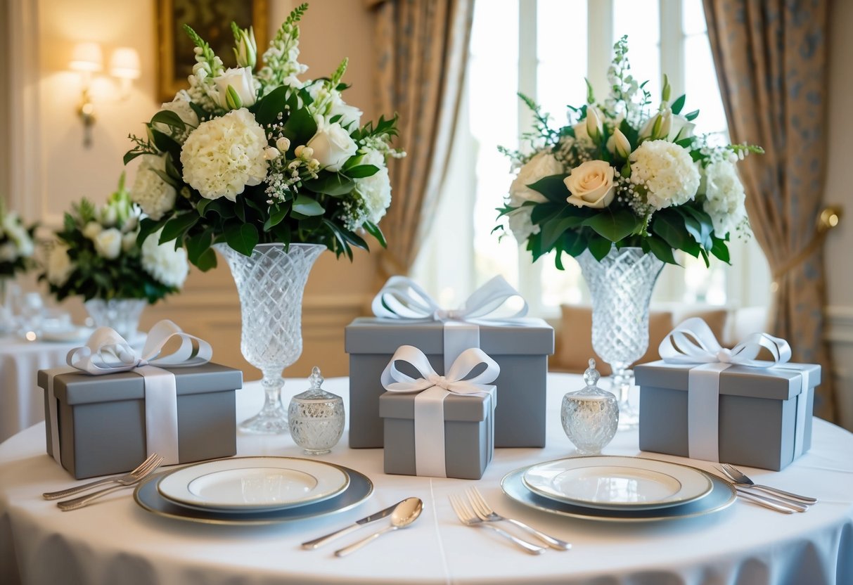 A table with elegant wedding gifts, including fine china, silverware, and crystal vases, displayed in a tastefully decorated room