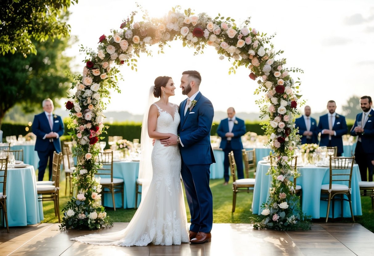 A bride and groom stand under a floral arch at an outdoor wedding venue. Tables are set with elegant place settings and a dance floor is ready for guests
