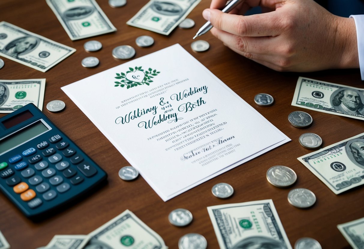A wedding invitation surrounded by scattered dollar bills and a calculator, with a thoughtful expression on a person's face