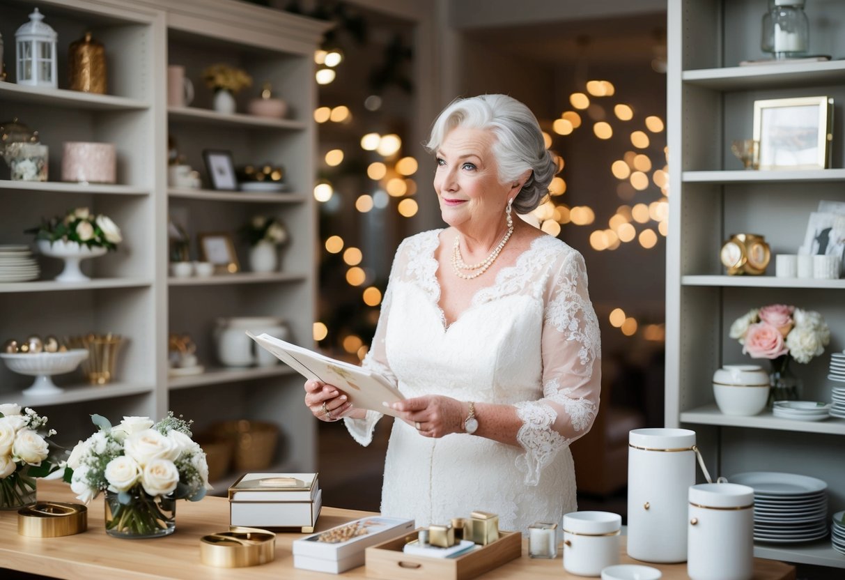 An older bride carefully considers a selection of elegant and practical items for her registry, surrounded by shelves of beautiful home goods