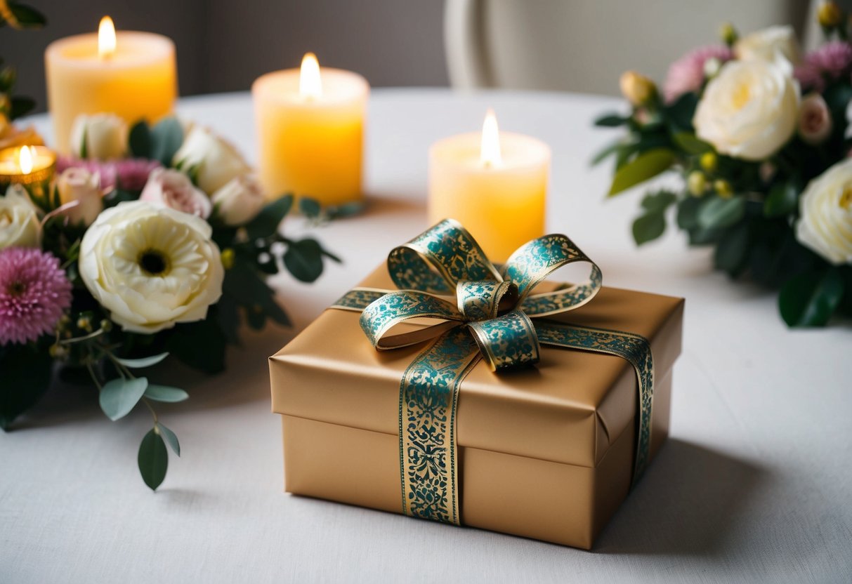 A beautifully wrapped gift box with a decorative bow sits on a table, surrounded by elegant floral arrangements and soft candlelight