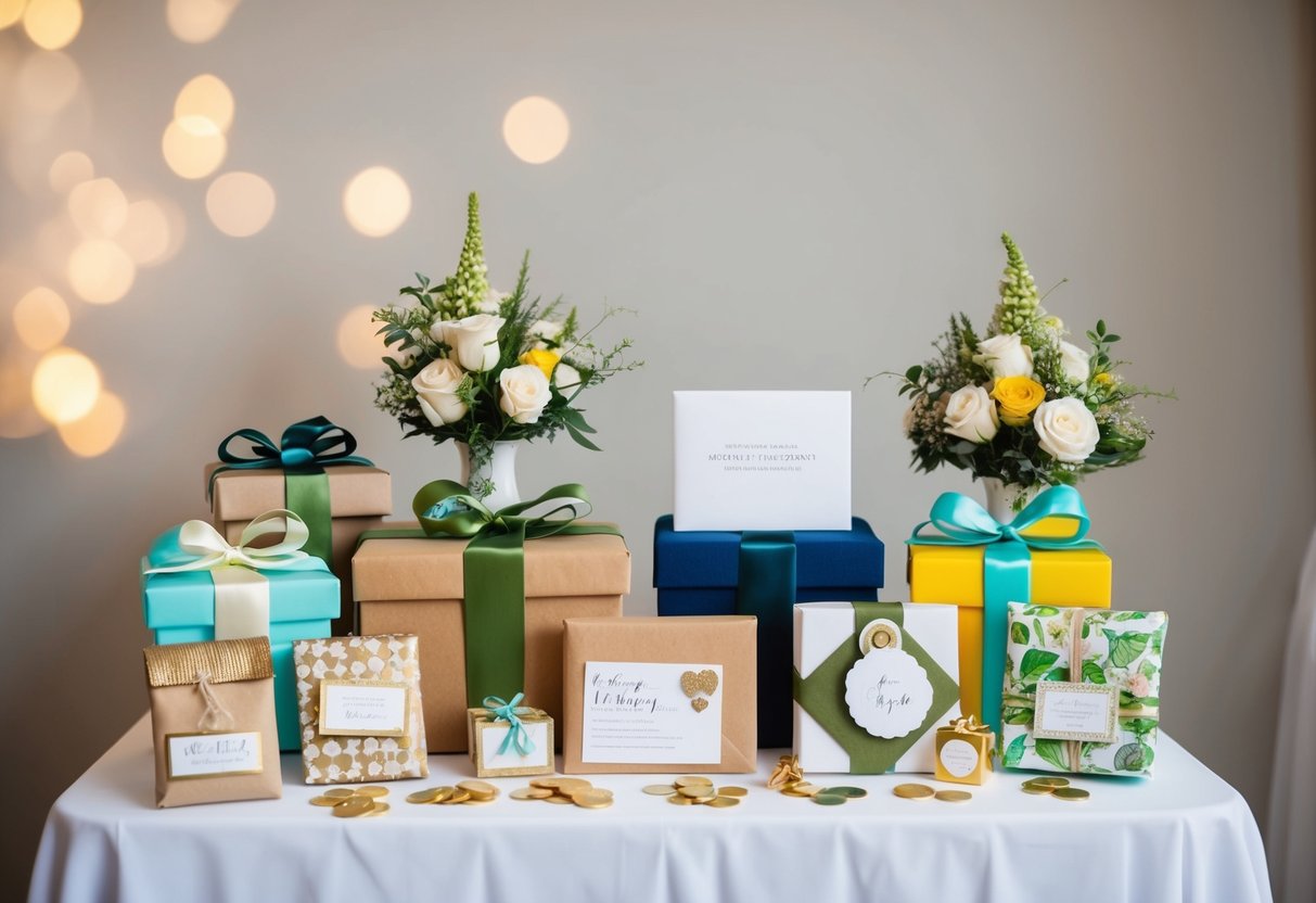 A wedding gift table with various thoughtful and creative presents, including handmade items and personalized gifts, alongside a discreet envelope with a monetary contribution