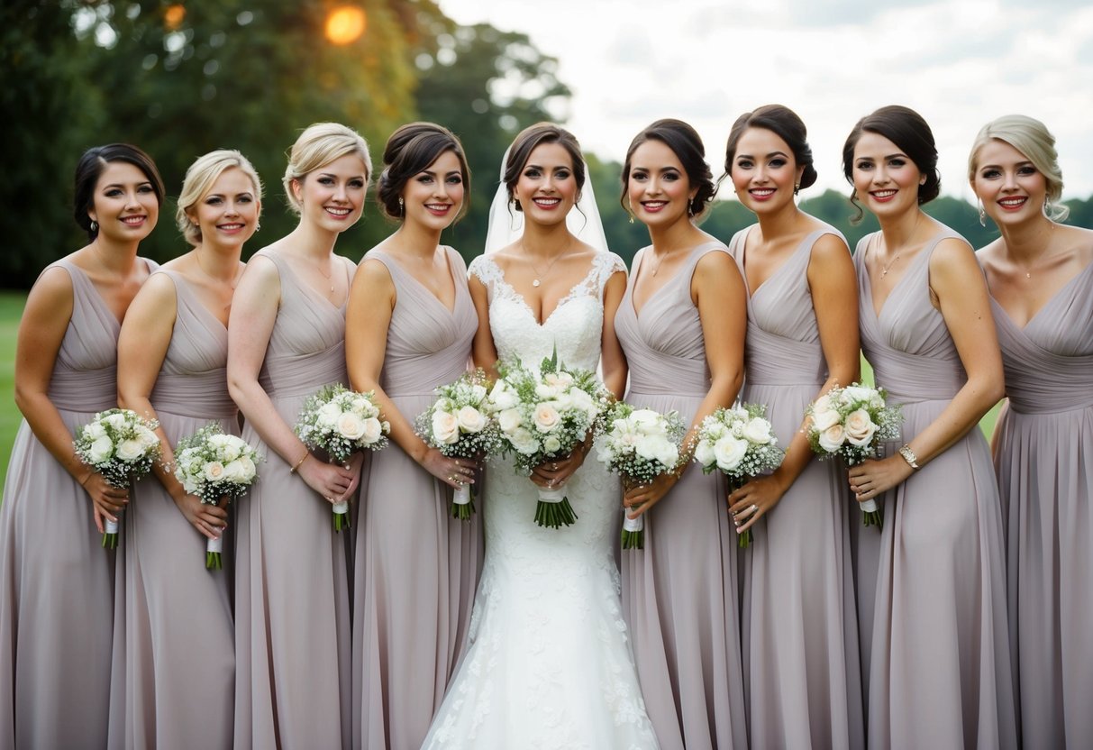 Ten bridesmaids stand in a row, each holding a bouquet. They wear matching dresses and smile as they look towards the camera