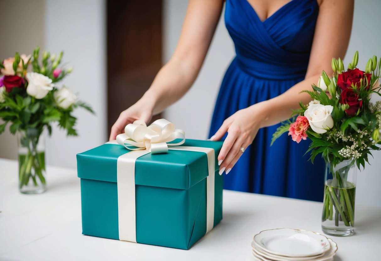 A bridesmaid placing a wrapped gift box on a table with a decorative bow and flowers