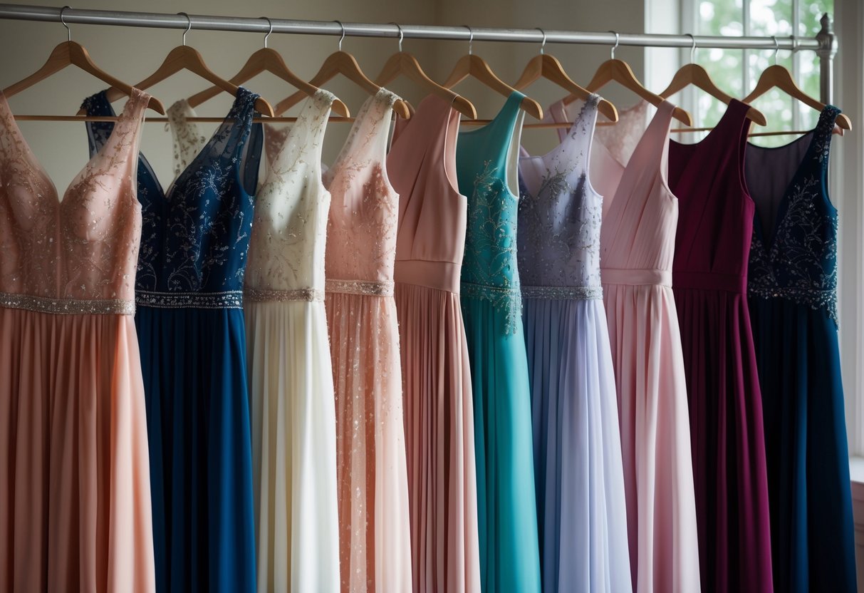 A line of ten elegant dresses in various shades, hanging neatly in a row, with delicate lace and beading catching the light