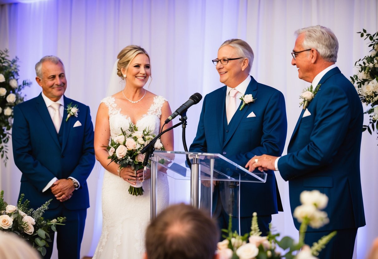 Parents stand at a podium, facing the bride and groom. Microphones and flowers decorate the stage as they deliver heartfelt speeches