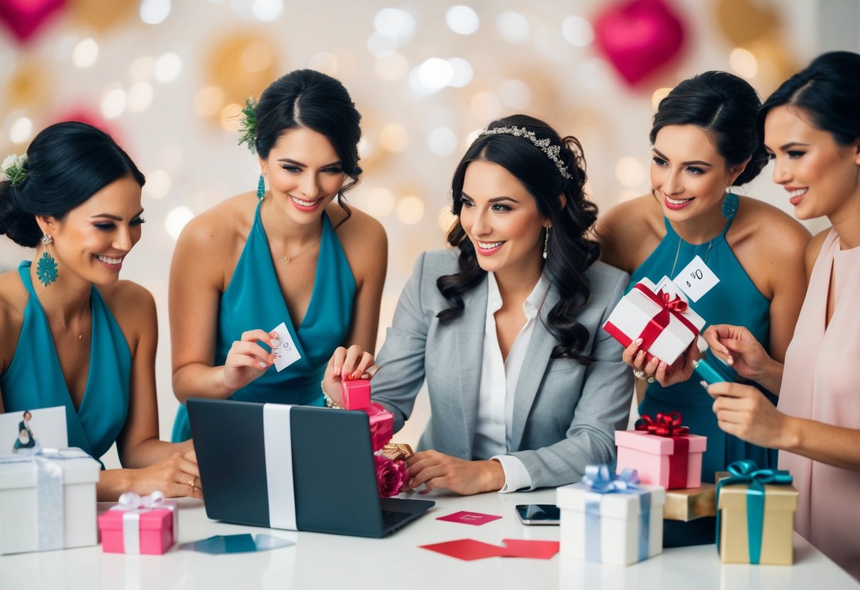 A bridesmaid browsing gift options online, surrounded by various wedding-themed items and price tags