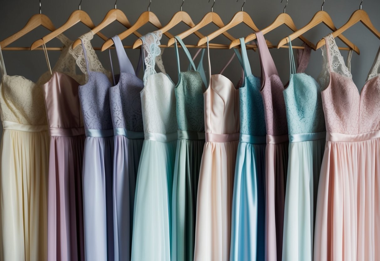 A group of 10 bridesmaid dresses hanging in a row, each in a different shade of pastel, with delicate lace and satin details
