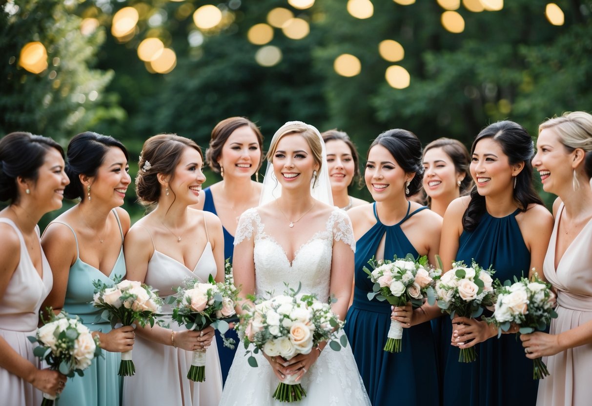 A bride surrounded by 10 bridesmaids in various dresses, holding bouquets, smiling and chatting excitedly