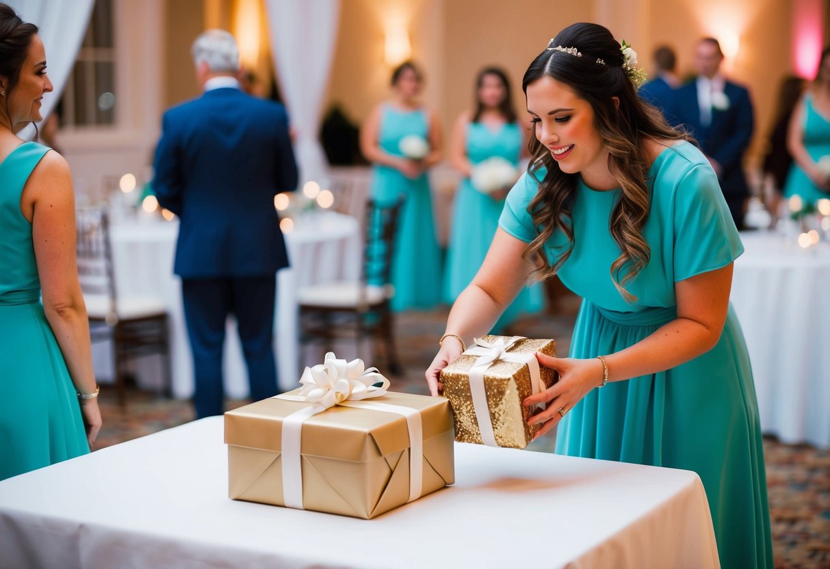 A bridesmaid placing a beautifully wrapped gift on a table at a wedding reception