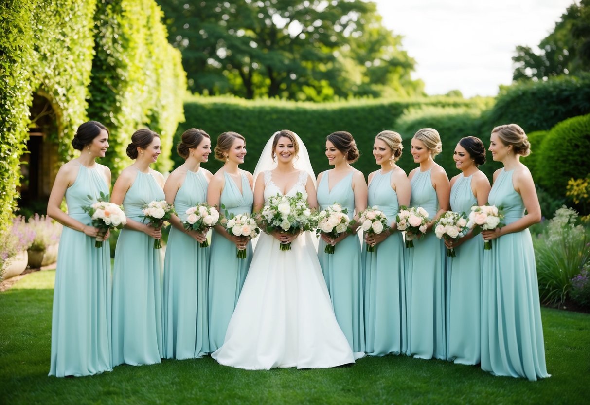 A bride stands surrounded by ten bridesmaids, each holding a unique bouquet, in a lush garden setting
