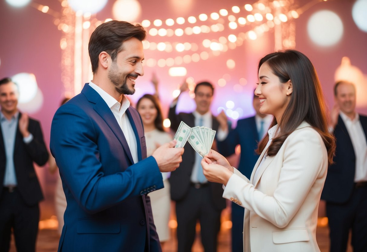 A man and woman exchanging money with a celebratory atmosphere in the background