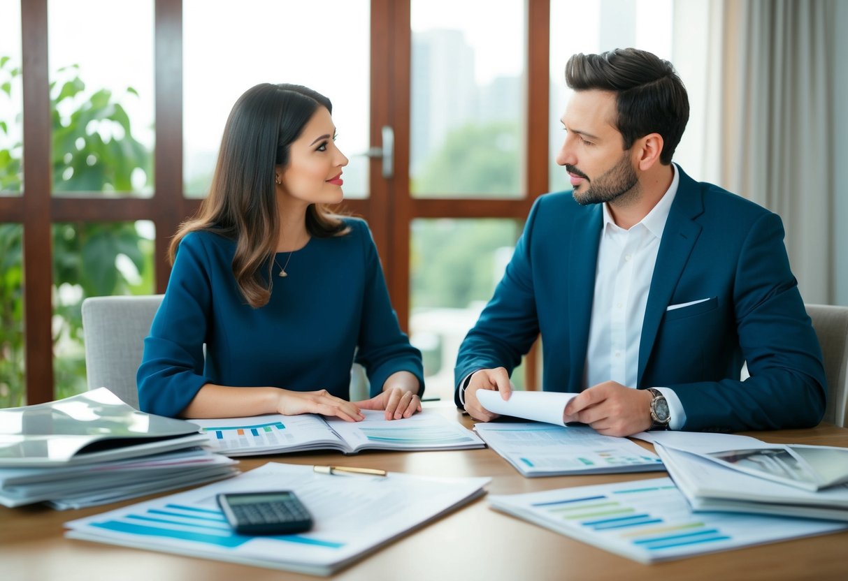 A couple discussing finances at a dining table with wedding magazines and spreadsheets scattered around