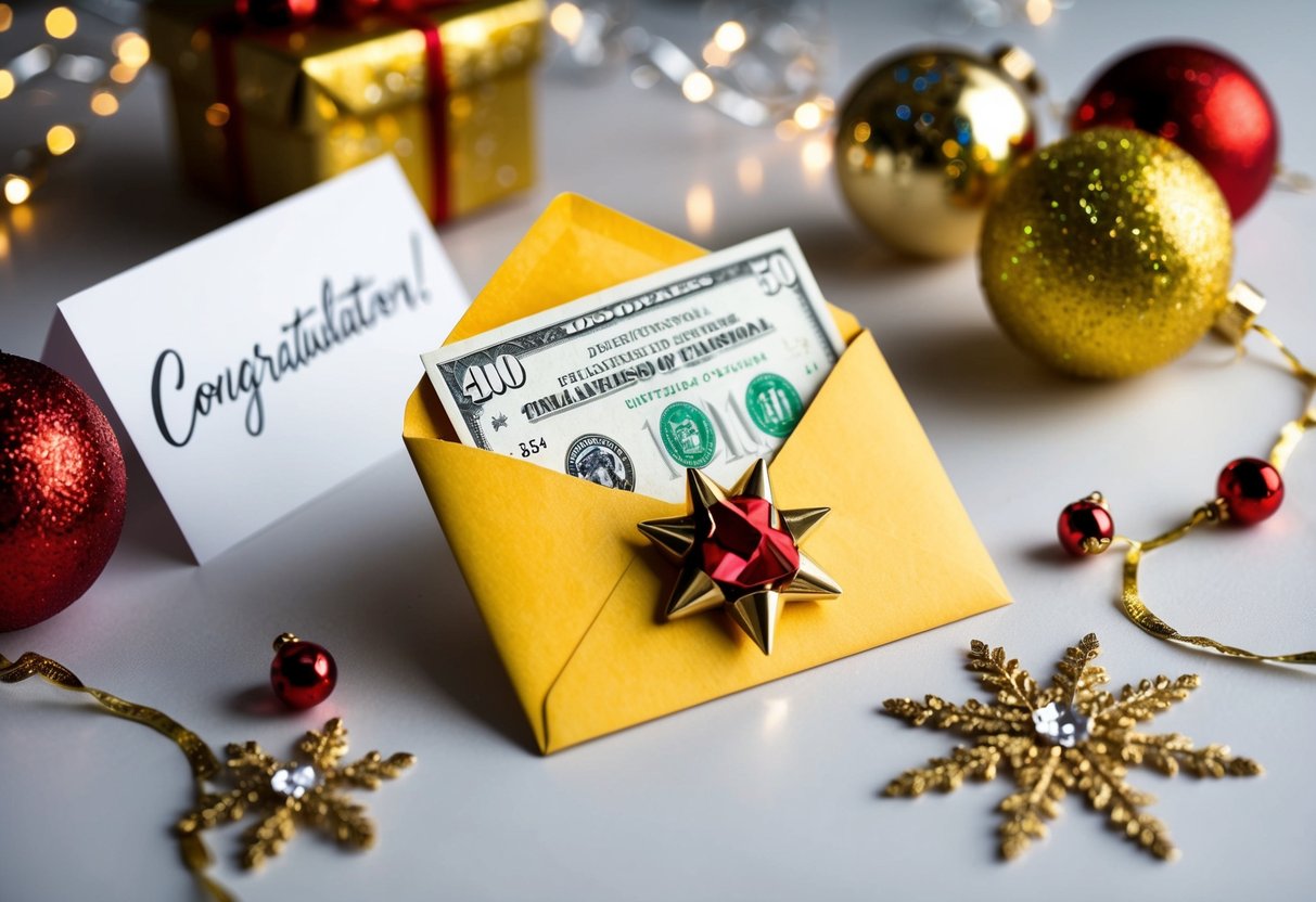 A wedding gift envelope with cash inside, surrounded by festive decorations and a congratulatory card