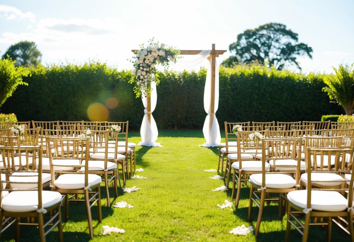 A bright, sunny outdoor setting with a decorated arch and rows of chairs set up for a wedding ceremony at 11am