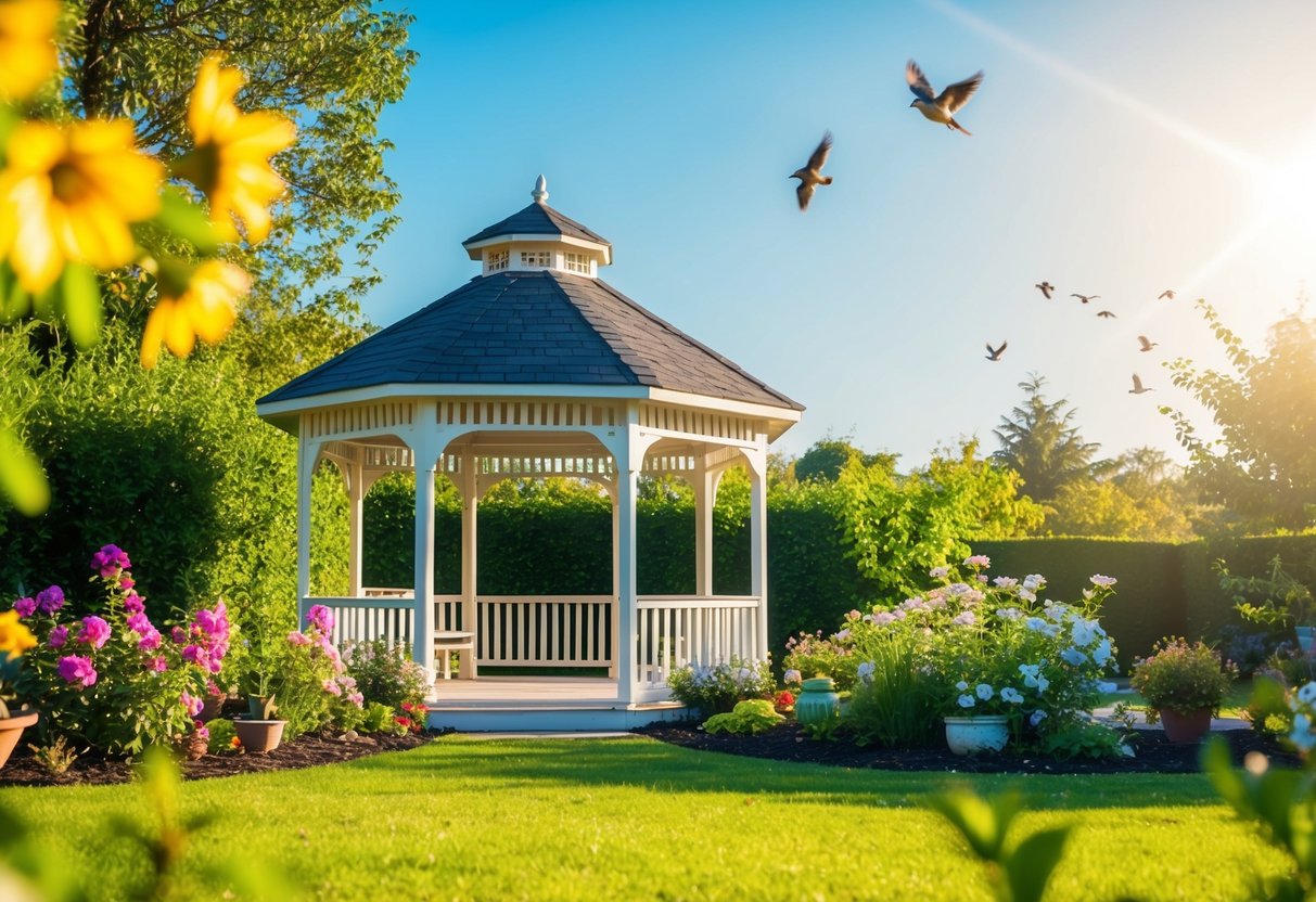 A sunlit garden with blooming flowers and a serene gazebo, surrounded by chirping birds and a clear blue sky