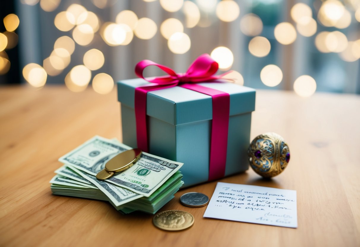 A wedding gift box with cash and sentimental items like a handwritten note and family heirloom